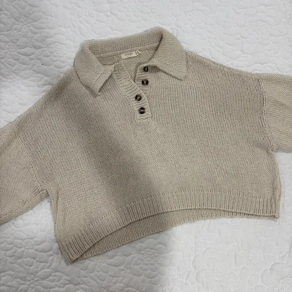 Harper Heritage cream knit polo henley cropped sweater - Image 2