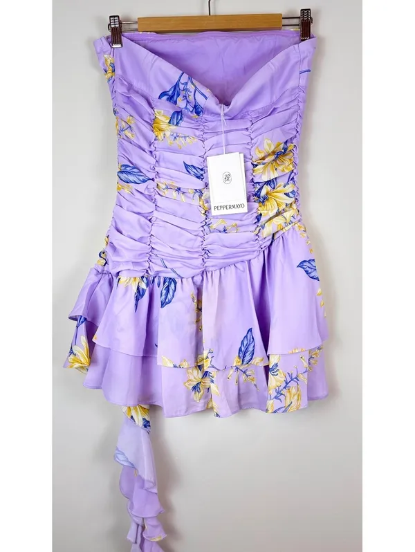 Peppermayo Viviana Mini Dress Lavender Floral Ruched Strapless Ruffle US 6 - Image 4