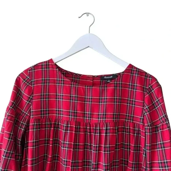Madewell Red Plaid Clandon Viscose Tiered Button Back Baby Doll Top SZ S #2328 - Image 4