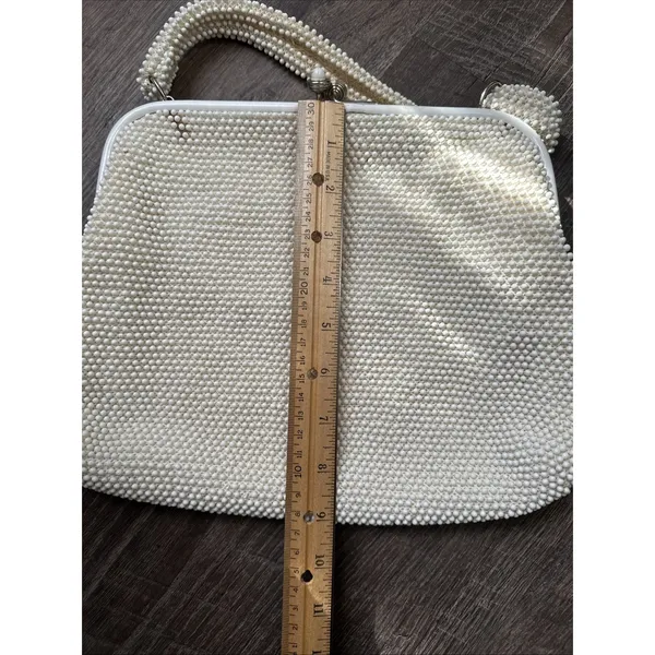 60s Beaded White Handbag Handle Evening Bag Purse USA Two Sided - Image 7
