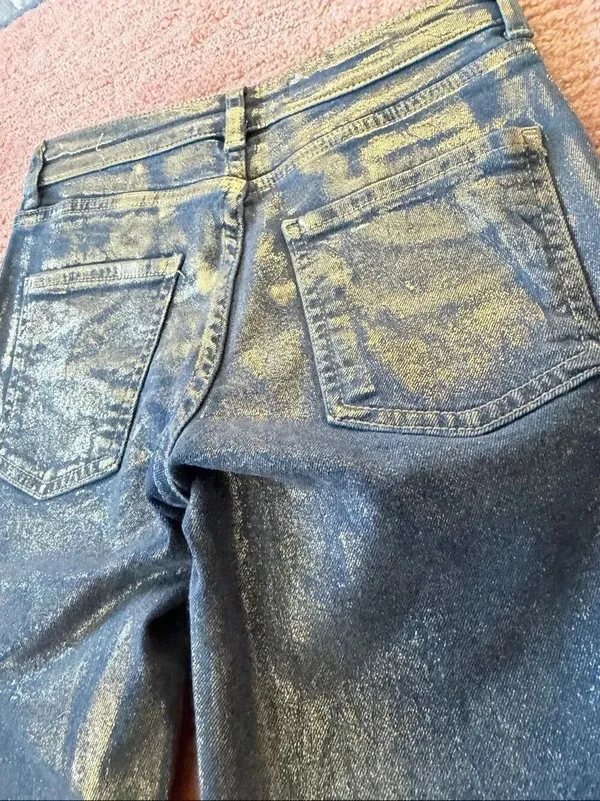 Zara Metallic Gold Coated Skinny Jeans Women Size 0 / EU 32 Blue Gold Stretch NW - Image 9