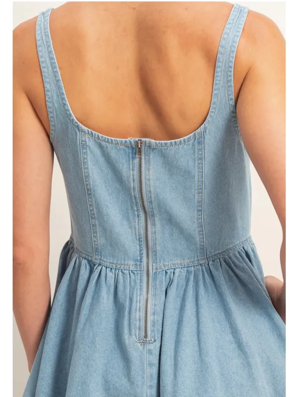 NEW Double Zero Scoop Neck Denim Mini Dress Small 100% Cotton Flowy Fit & Flare - Image 5