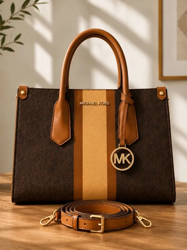 Michael Kors Signature Stripe Satchel Brown Gold Charm NWT - Image 2
