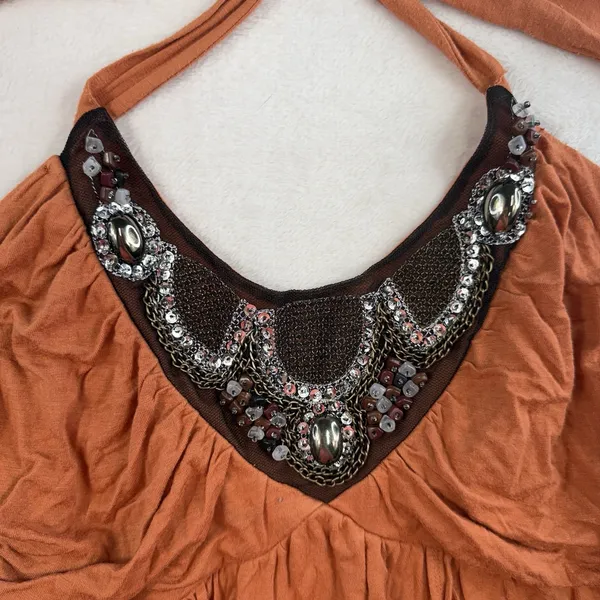 Vtg Y2K M Medium Babydoll Halter Top‎ Embellished Bling 90s Club Party Orange - Image 5