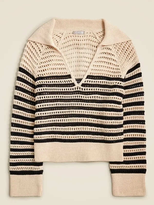 J. Crew Crochet Sailor Collar Open Knit Neutral Stripe Pullover Sweater Cotton M - Image 3