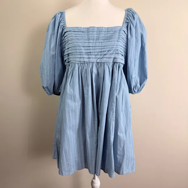 Abercrombie & Fitch Emerson Poplin Pin Stripe Puff Sleeve Mini Dress Size Large - Image 3