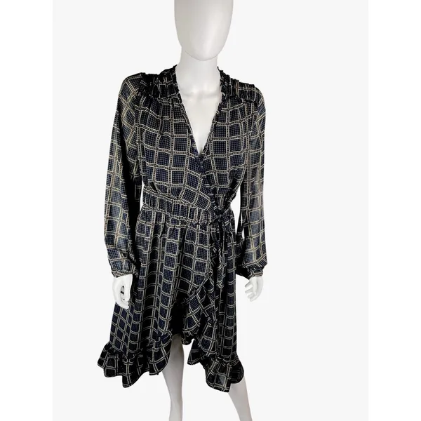 Anthropologie‎ dRA Cicero Wrap Asymmetric Dress Ruffle Plaid Boho Blue - Large - Image 4