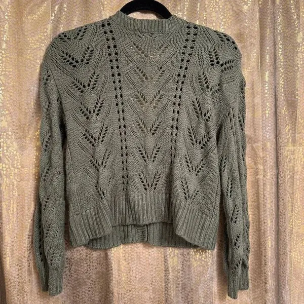 American Eagle Olive Green Pointelle Open Knit Cropped Cardigan XS - Image 2