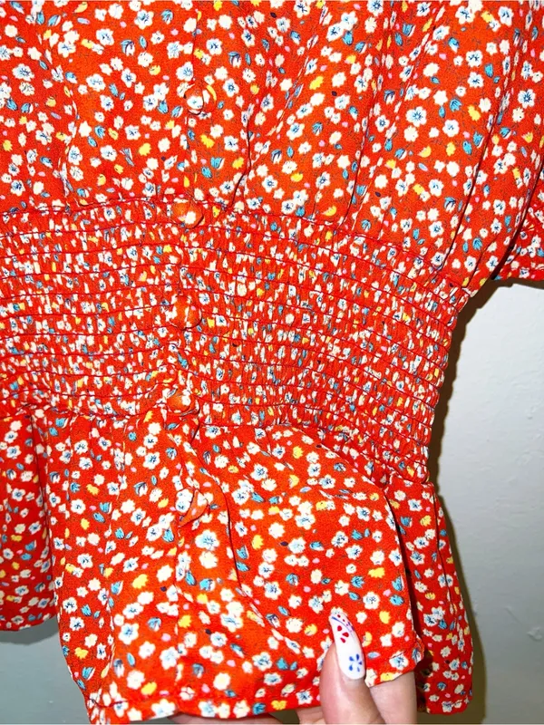 Sienna Sky Bright Orange Floral Smocked Peplum Short Sleeve Blouse - Image 4