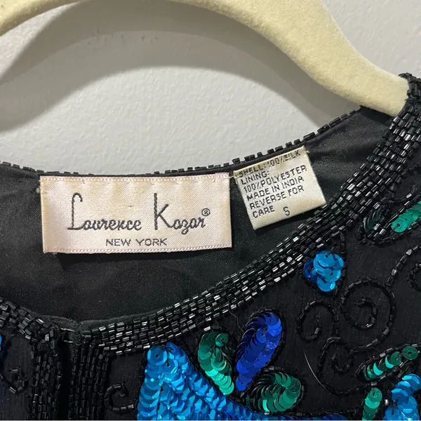 VTG Laurence Kazar SEQUIN Beaded EVENING SILK‎ JACKET Women's S Blue Black. - Image 4