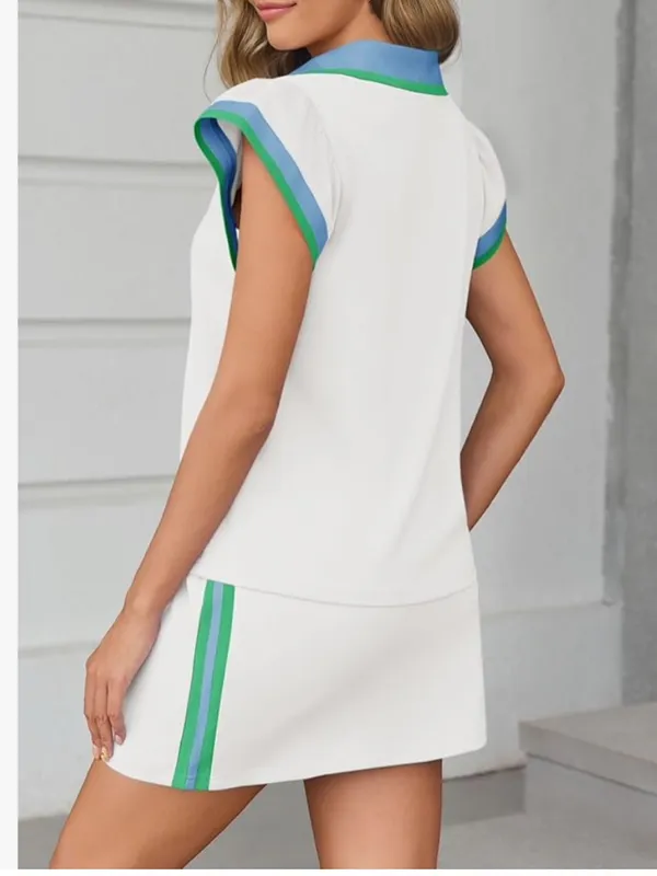 2 Piece Skirt Set Summer Cap Sleeve Tops Matching Tennis Skirts Color Block - Image 2
