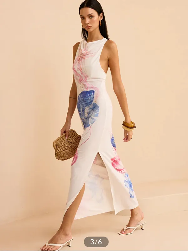 Commense White Semi Sheer Ocean Print Maxi Dress - Image 10