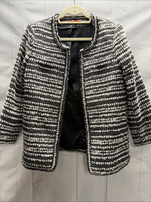 Alice + Olivia Luci Black Gray White Silver Metallic Tweed Jacket Blazer Large - Image 3