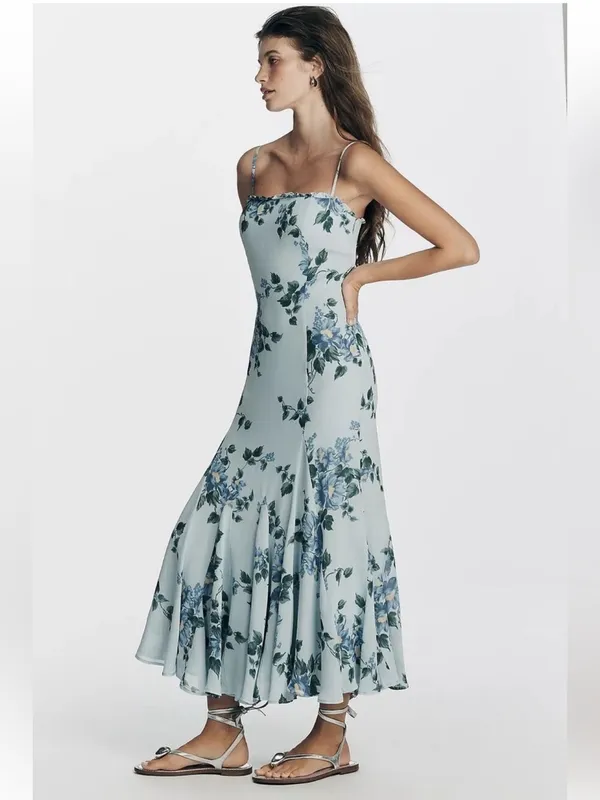 Reformation Lilibet ruffle hem midi dress in blue floral Fresh Air print NEW - Image 5