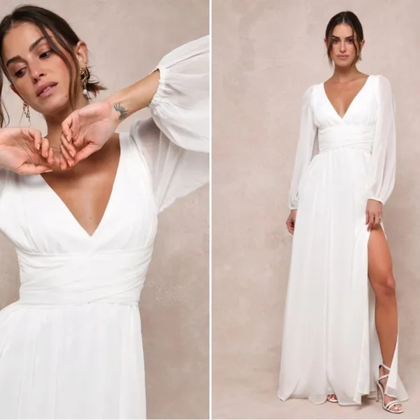 LULU's Bridal Wedding Romantic Flowy Boho Chiffon Long Sleeve Dress NWOT - Image 2