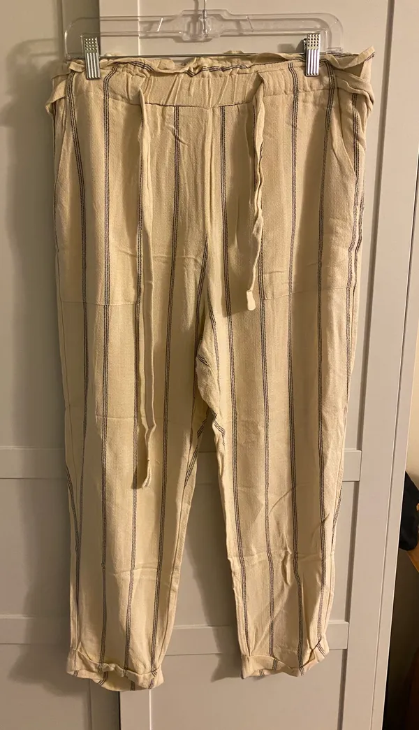 H&M Beige Striped Linen Flowy Tie Pants - Image 2