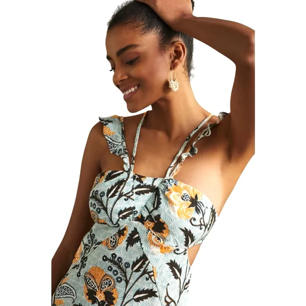ANTHROPOLOGIE Women’s Boho Linen Blend Printed Halter Slim Midi Dress - Image 3
