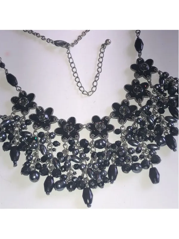 Gunmetal Gray Dark Black Metal Floral Beaded Boho Statement Necklace - Image 3