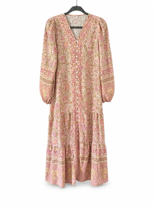 Women’s Boho Floral Maxi Dress Size M Pink Button Front Long Sleeve Rayon - Image 2
