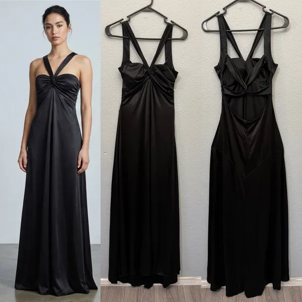 Windsor Maxi Dress Siz XS Black Satin Twist Front Crisscross Back 3/4 Homecoming - Image 2