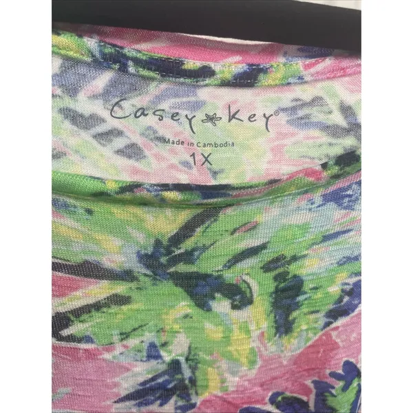 Casey Key Tropical‎ Palm Tree Top Womens 1X Pink Green Rayon Tie Sleeve Resort L - Image 5
