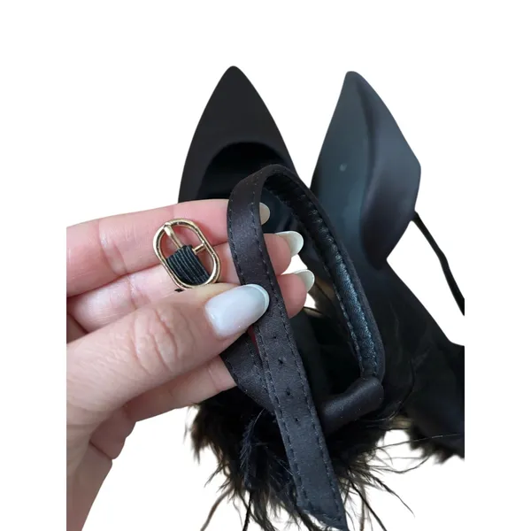 Black Satin Feather Trim Pointed Toe Stiletto Heels Women’s Size EU 38 US 7.5 - Image 10