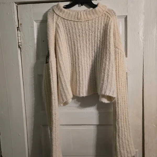 Free People Cream & Brown Patterned Crewneck Sweater - Image 3