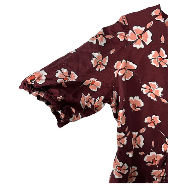 Alfani Linen Floral Burgundy Boho Bohemian Modest High Neck Blouse Size Medium - Image 7