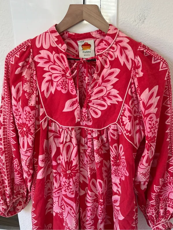 Farm Rio Linen Mini Dress Flora Tapestry Anthropologie Bracelet Long Sleeve Pink - Image 5