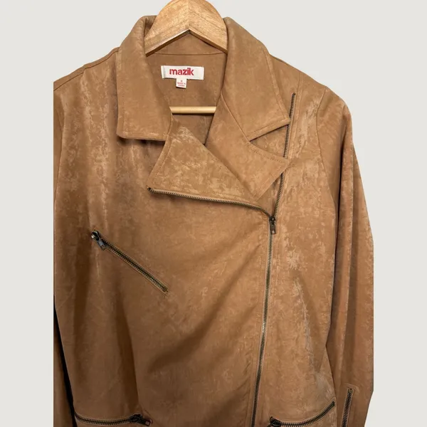 Mazik‎ Women Tan Faux Suede Asymmetrical Zip Moto Biker Jacket Small MK2214 - Image 5