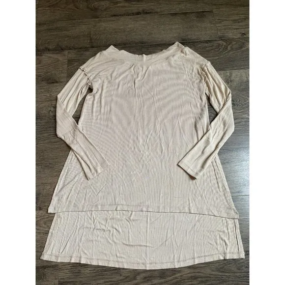 EUC Womens Miss Me Ribbed Stretchy Long‎ Sleeve Tan Top Tunic Side Split Size S - Image 2