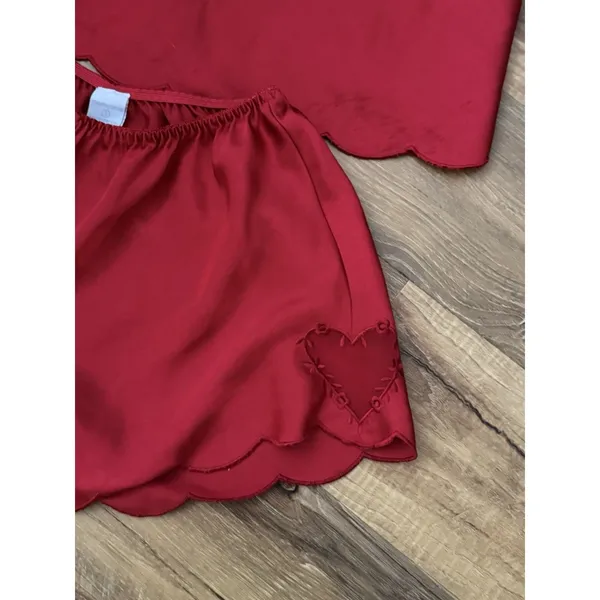 Retro Mystique Red Satin Heart Sheer Pajama Set Y2K Small Camisole Shorts‎ - Image 2