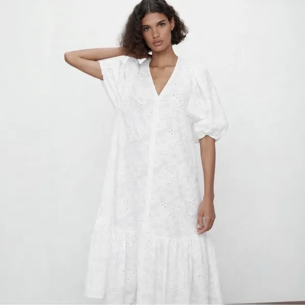 Zara White Eyelet Embroidered Midi Dress Size S Puff Sleeve Cotton Boho Cottage - Image 6