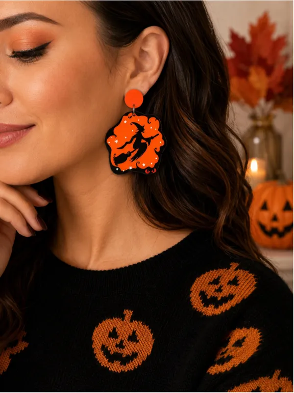 NEW Halloween Flying Witch Orange Acrylic Dangle Earrings Spooky Fall - Image 5