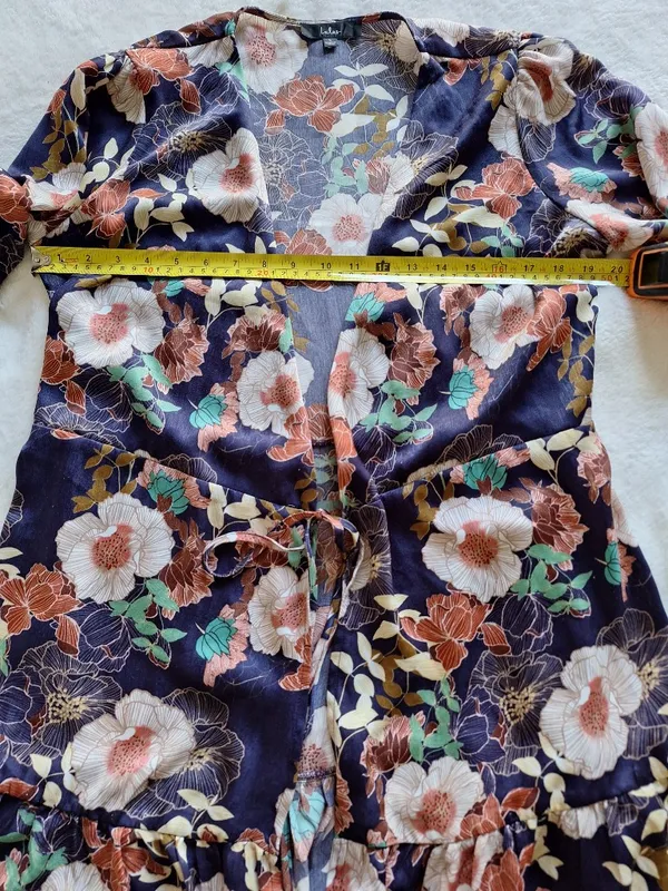 Lulus Floral Tie Front Ruffle Cardigan Top Kimono Navy L - Image 3