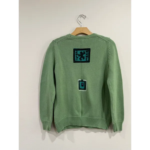 Julianne Vintage Green Art To Wear Sweater Crewneck‎ Graphic Knit Boho Sz M - Image 2