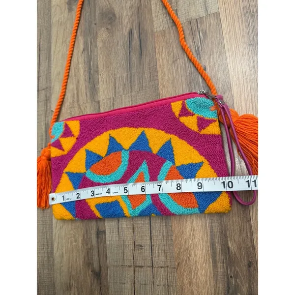 Boho Embroidered Crossbody Bag Colorful Tassel Shoulder Purse Wristlet - Image 6