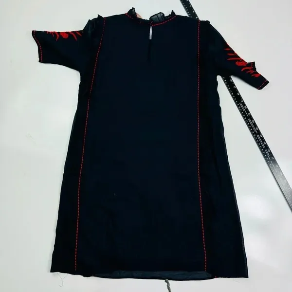 Zara Embroidered Dress Floral Ruffle Trim Black Red Short Sleeve Size‎ XS - Image 10