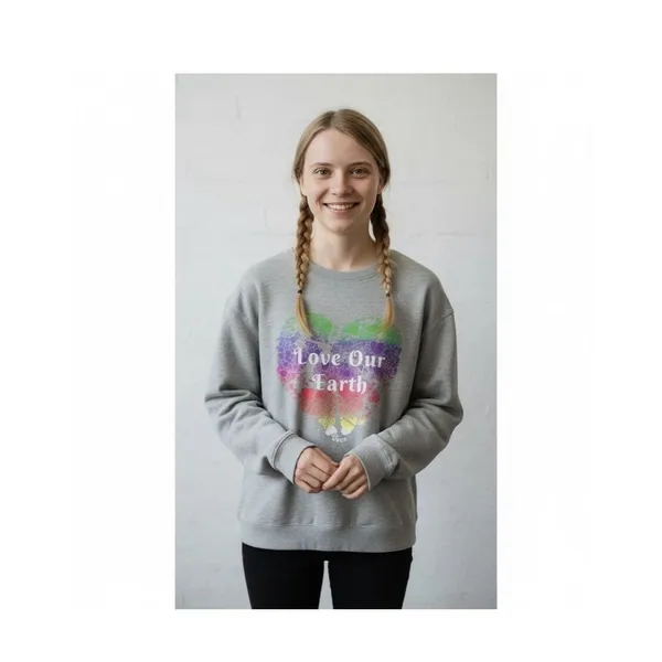 EcoThreads Love Our Earth Gray Rainbow Heart Sweatshirt XL Eco Graphic Pullover - Image 10