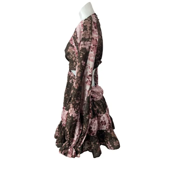 ASOS Voile Pink Brown Floral Striped Twist Front Cutout Fit & Flare Mini Dress 6 - Image 2