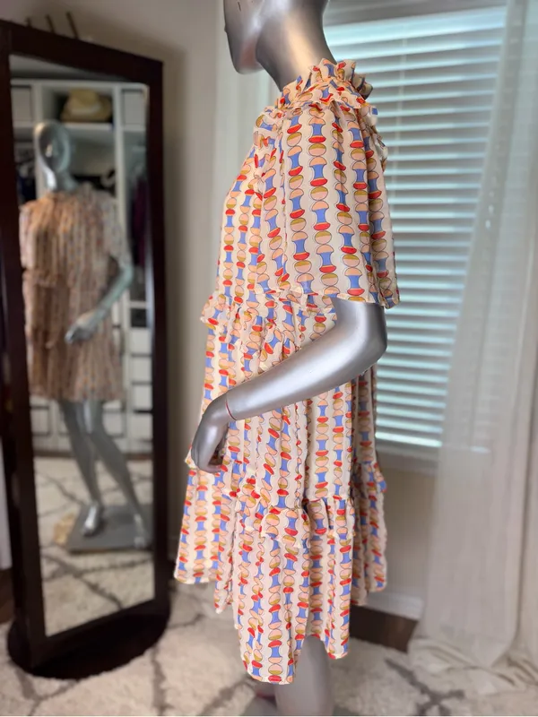 Easel Multicolor Abstract Print Tiered Mini Dress Short Sleeve Large - Image 3