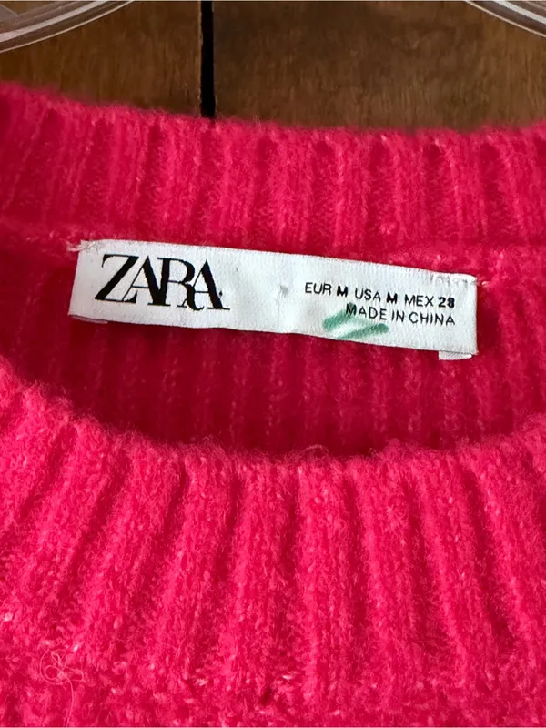 Zara Hot Pink Chunky Knit Oversized Crewneck Sweater Long Sleeve Pullover. Sz M - Image 3