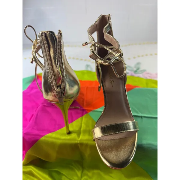 Lulus Gold Metallic Lace Up‎ Caged Stiletto Heels Sandals Size 7 - Image 4