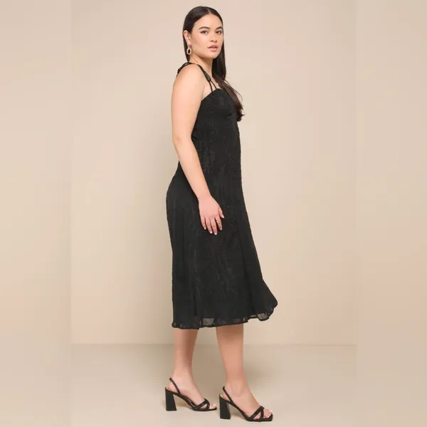 LULU’S Loveliest Looks Black Floral Jacquard Tie-Strap Midi Dress - Image 7