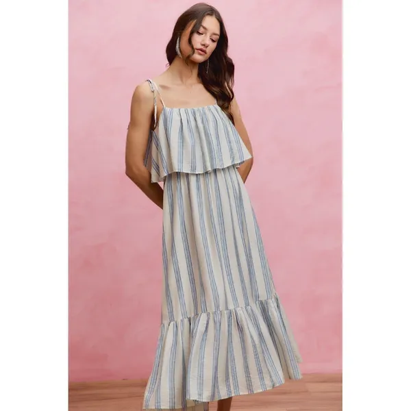 SO ME Stripe Tiered Shoulder Tie Midi Lined Dress - Medium - Image 8