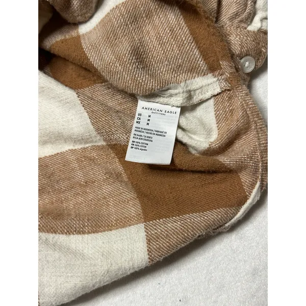 American Eagle Brown White Plaid Button Up Flannel Shirt Size Medium 100% Cotton - Image 8