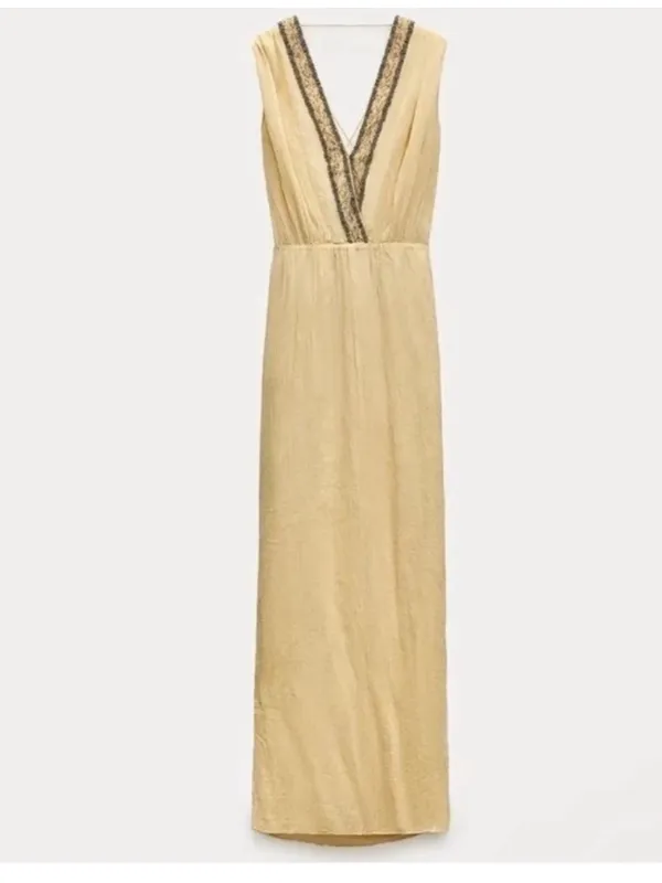 Zara NWT embellished beaded trim light yellow Sleeveless Maxi Dress - Image 11