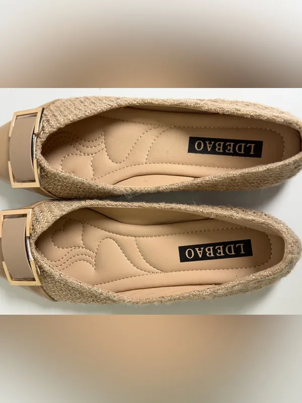 LDEBAO Women’s Tweed Pointed Toe Ballet Flats Beige Gold Buckle Sz US 8 - Image 5