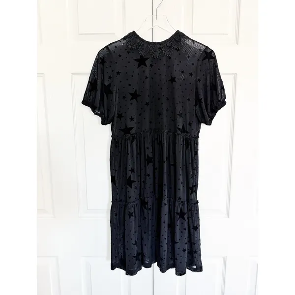 Disturbia Orion Black Mesh Star Print Overlay Dress Lace Collar Goth Celestial - Image 3