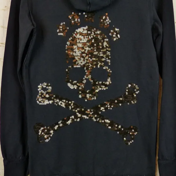 Bad Spirit Massimo Sabbadin Skull Hoodie Womens L Black Crossbones Sequins Italy - Image 11
